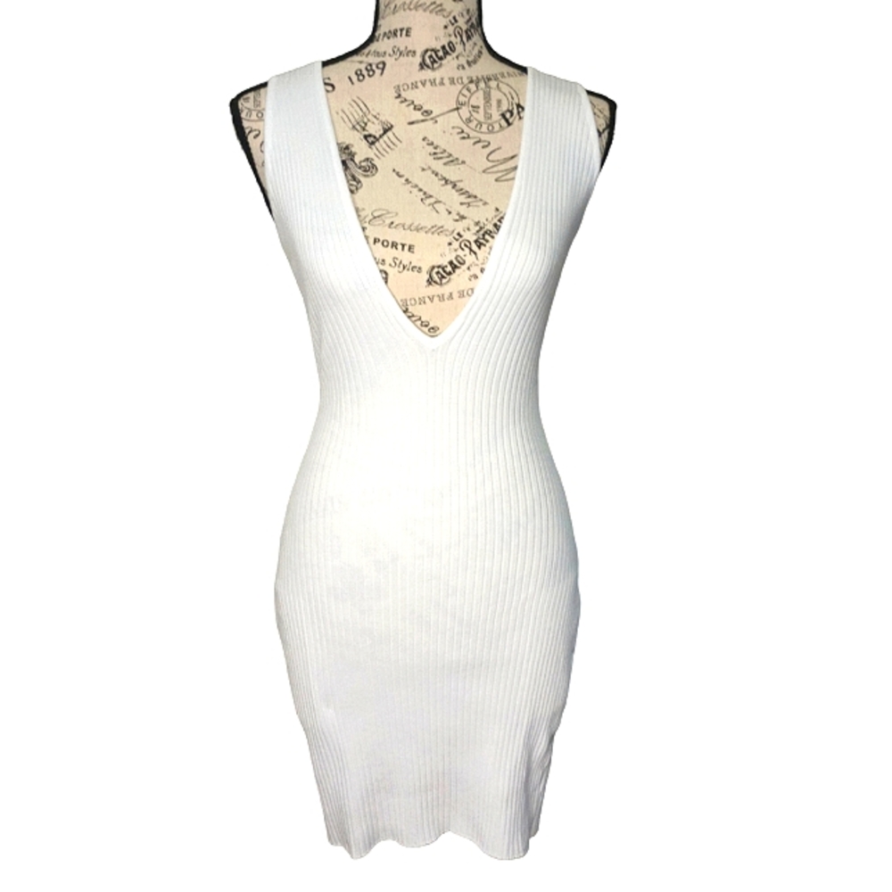 White Ribbed Knit Bodycon Mini Dress - Size M